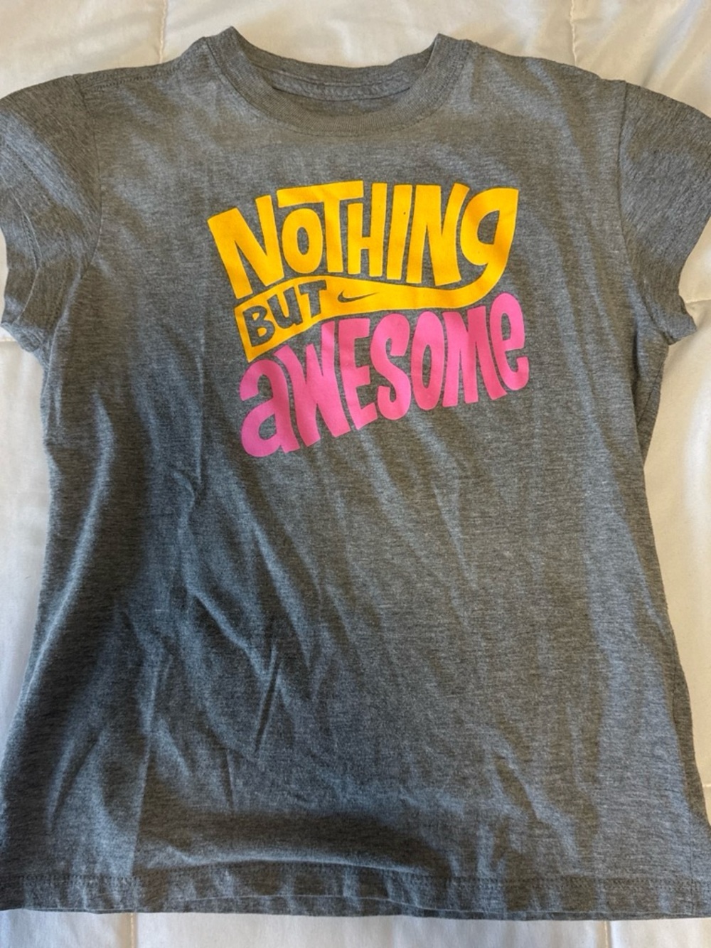Nike Gray Kids Tee with Yellow & Pink 'Nothing But Awesome' Graphic